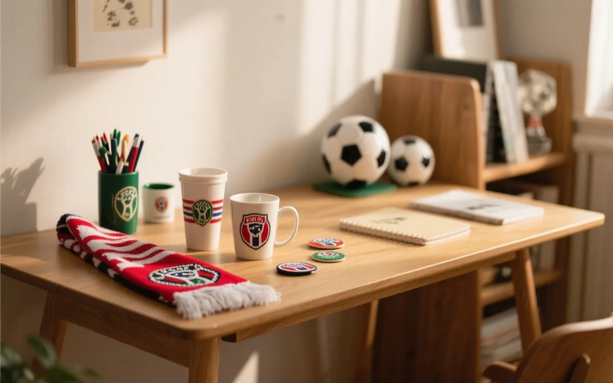 居家书桌上的世界杯主题氛围周边陈列,柔和光线与生活化场景