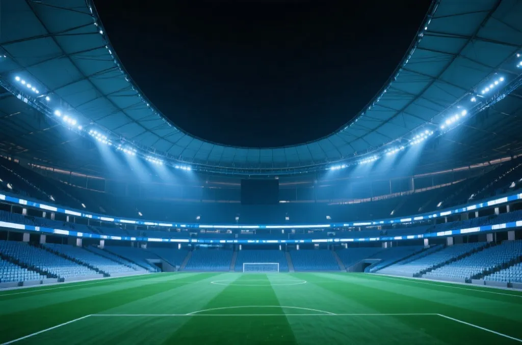 Interior view of a massive futuristic sports stadium with a closed retractable roof and empty green pitch under dramatic stadium lighting